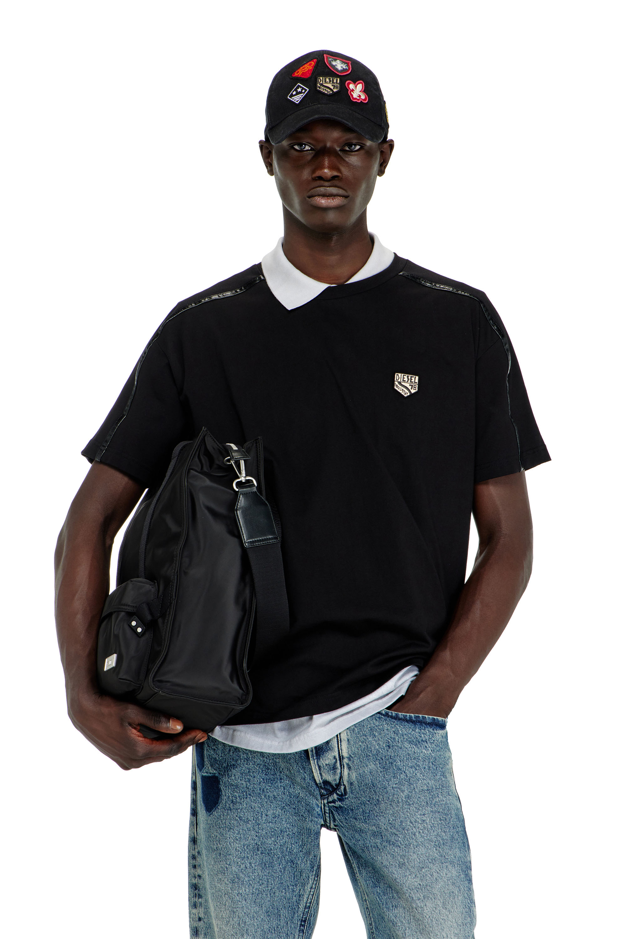 Diesel - T-NORM-FL, Man's T-shirt with contrast trims and logo patch in Black - 1