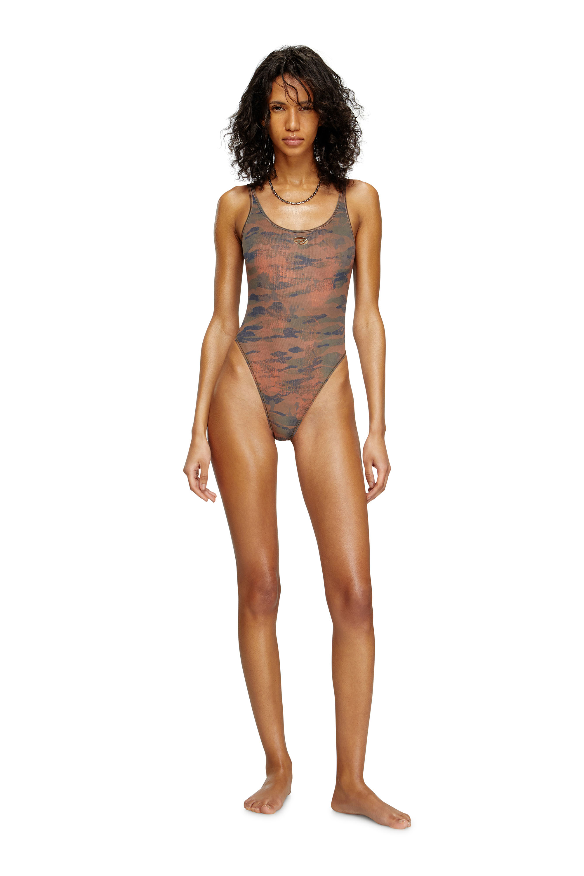Diesel - UT-BODY-UTLT, Woman's Camo swimsuit with cut-out logo in Brown - 2