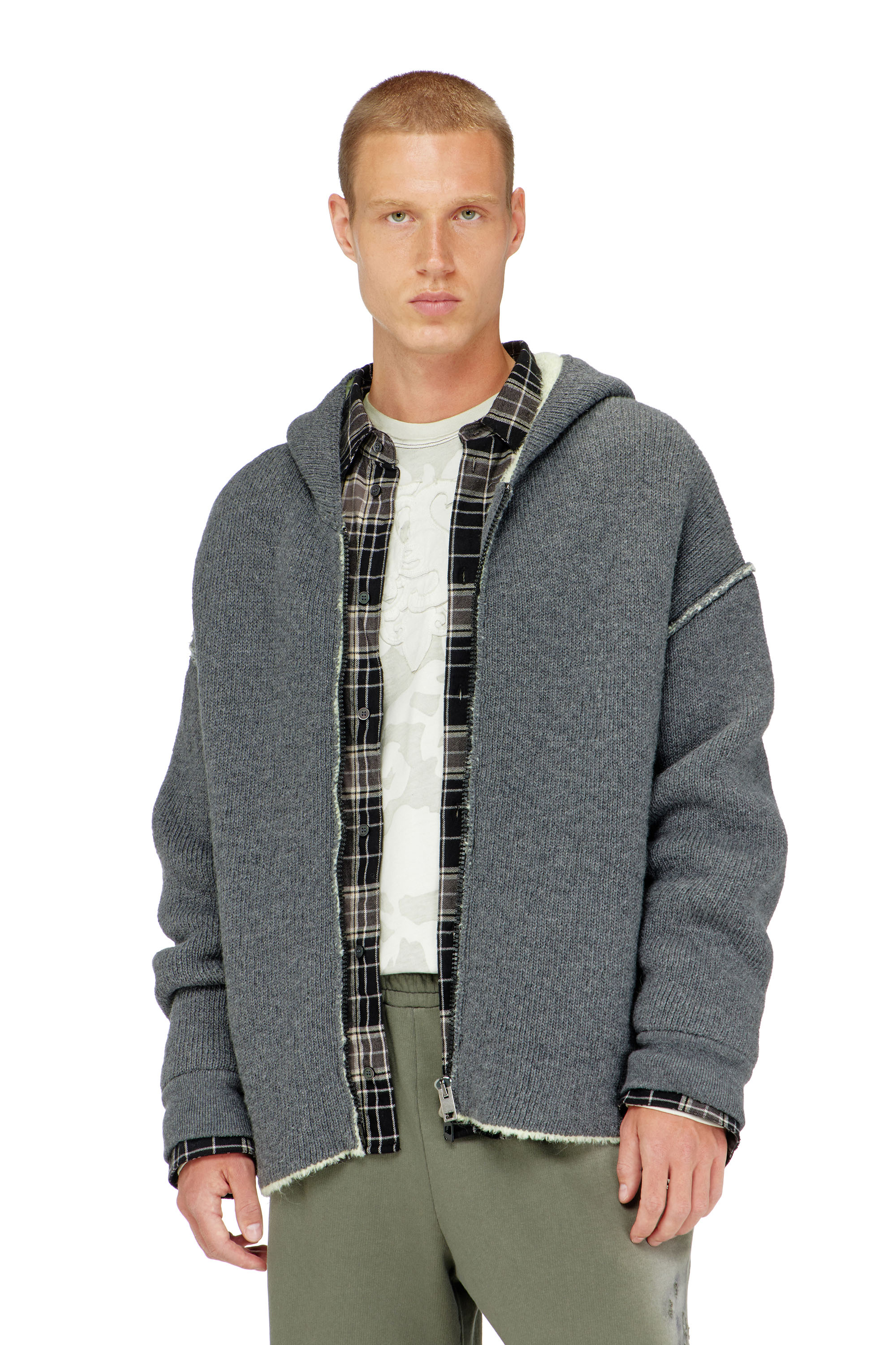 Diesel - K-BOUBBY, Man's Zip-up hoodie in dual-texture knit in Grey - 1