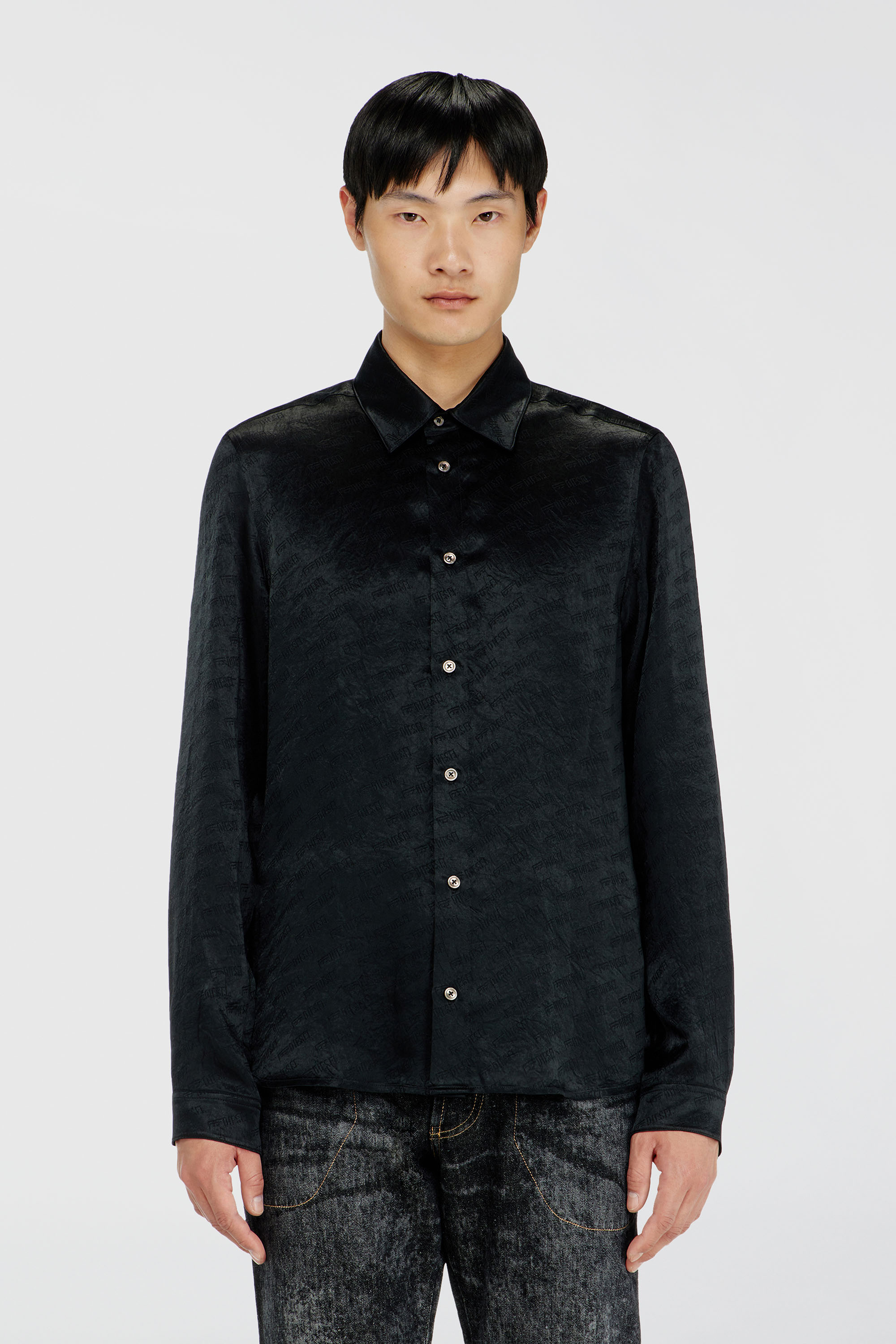 Diesel - S-KINNY-EFBZ, Man's Shirt in logo-jacquard crinkled satin in Black - 3