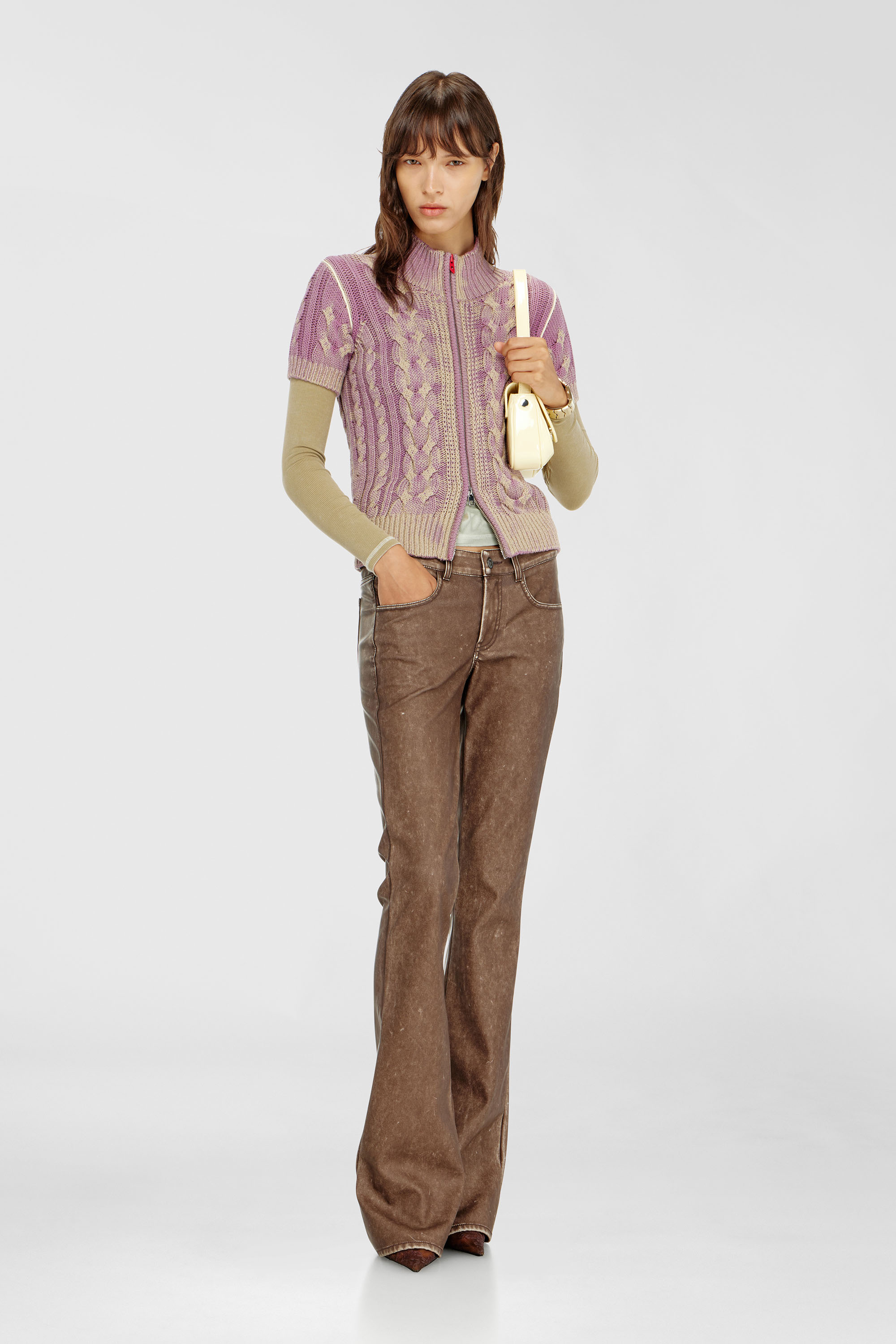 Diesel - M-ELANA, Woman's Short-sleeve zip cardigan in cable knit in Beige/Violet - 1