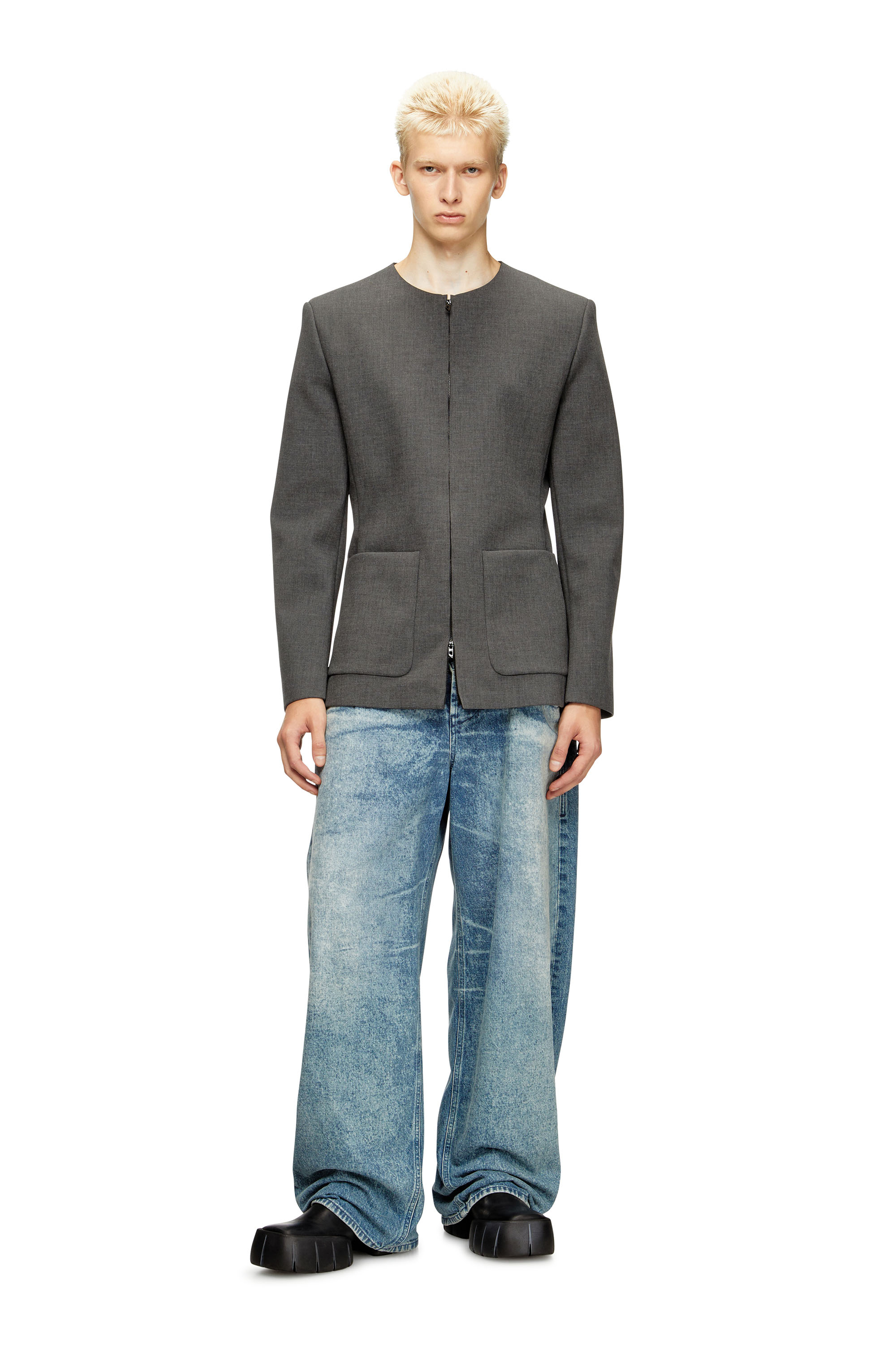 Diesel - J-CESAR-NEO, Man's Collarless jacket in neoprene-bonded fabric in Grey - 1