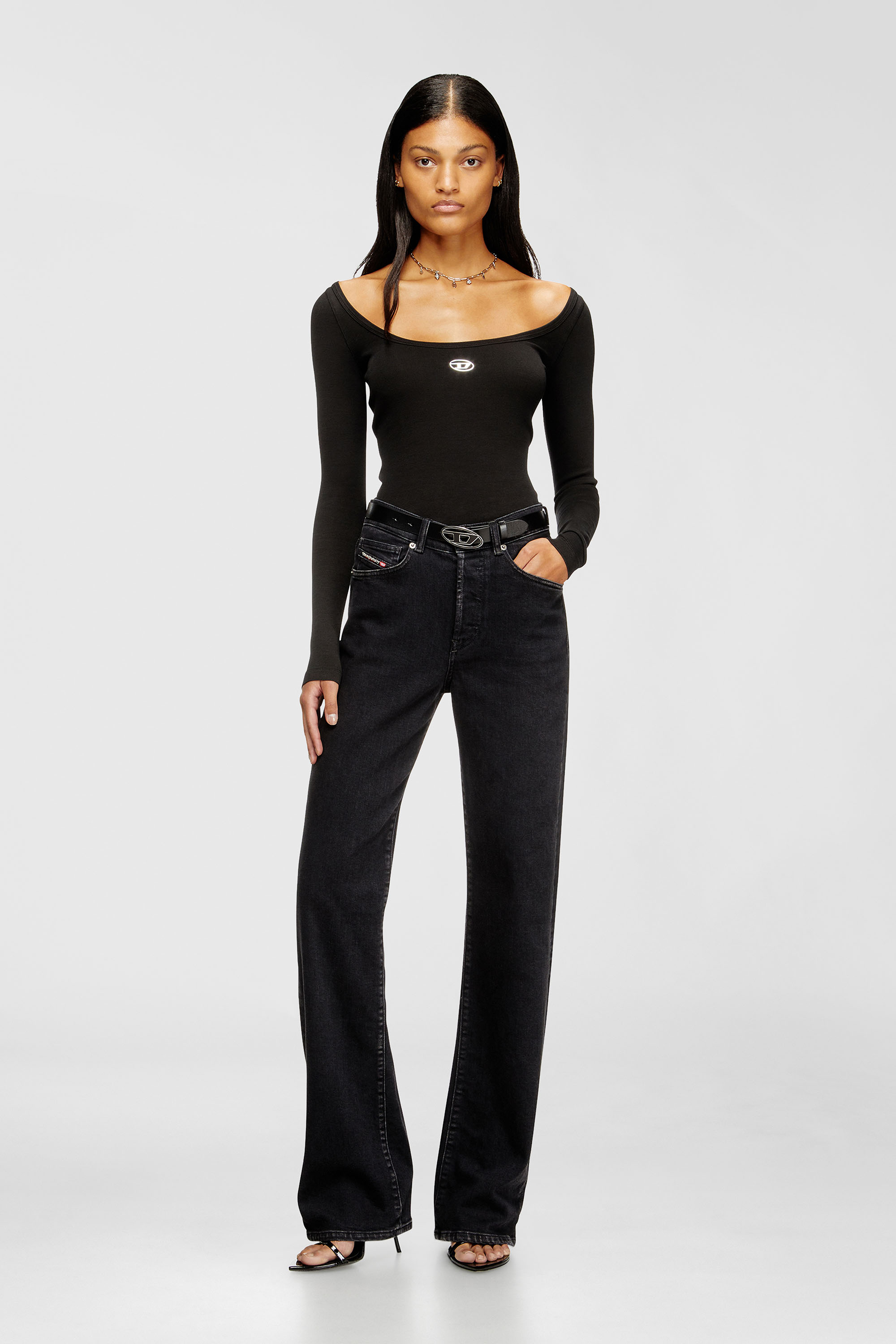 Diesel - T-BAL-OD, Woman's Long sleeve ribbed top with metallic Oval D in Black - 1