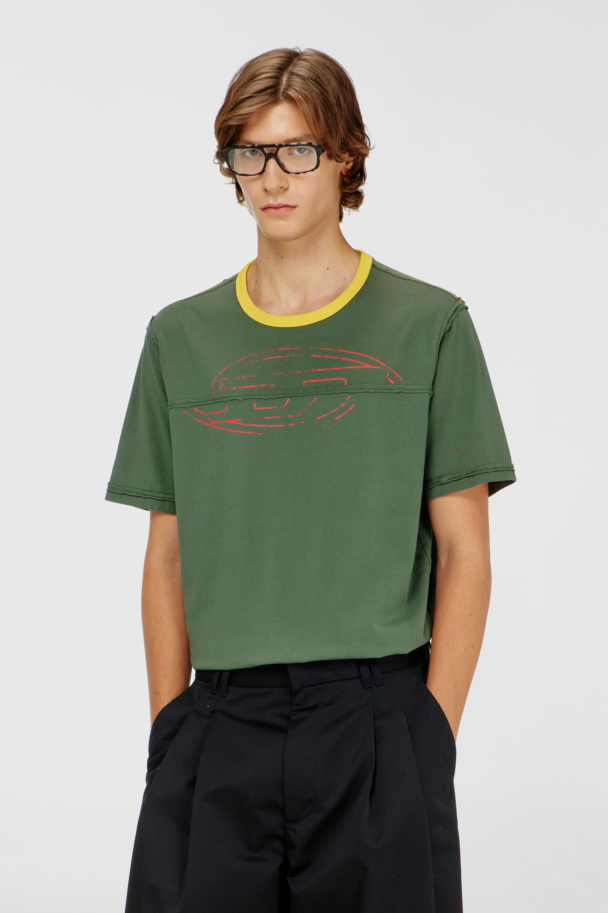 Diesel - T-ADJUST-CUT-OD, Man's T-shirt with sectioned Oval D in Olive Green - 1