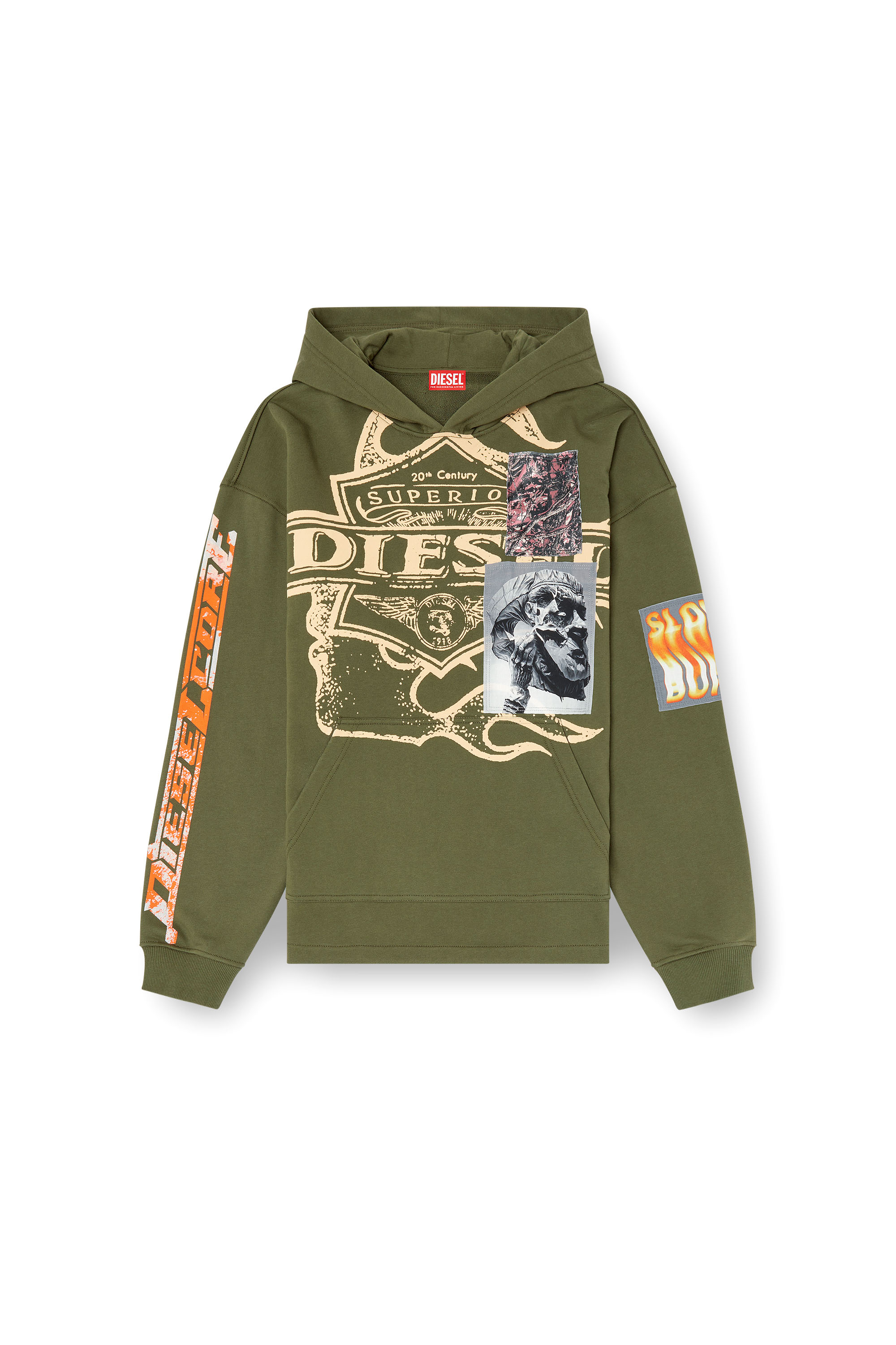 Diesel - S-BAXT-HOOD-R1, Man's Hoodie with prints and logo patches in Olive Green - 3