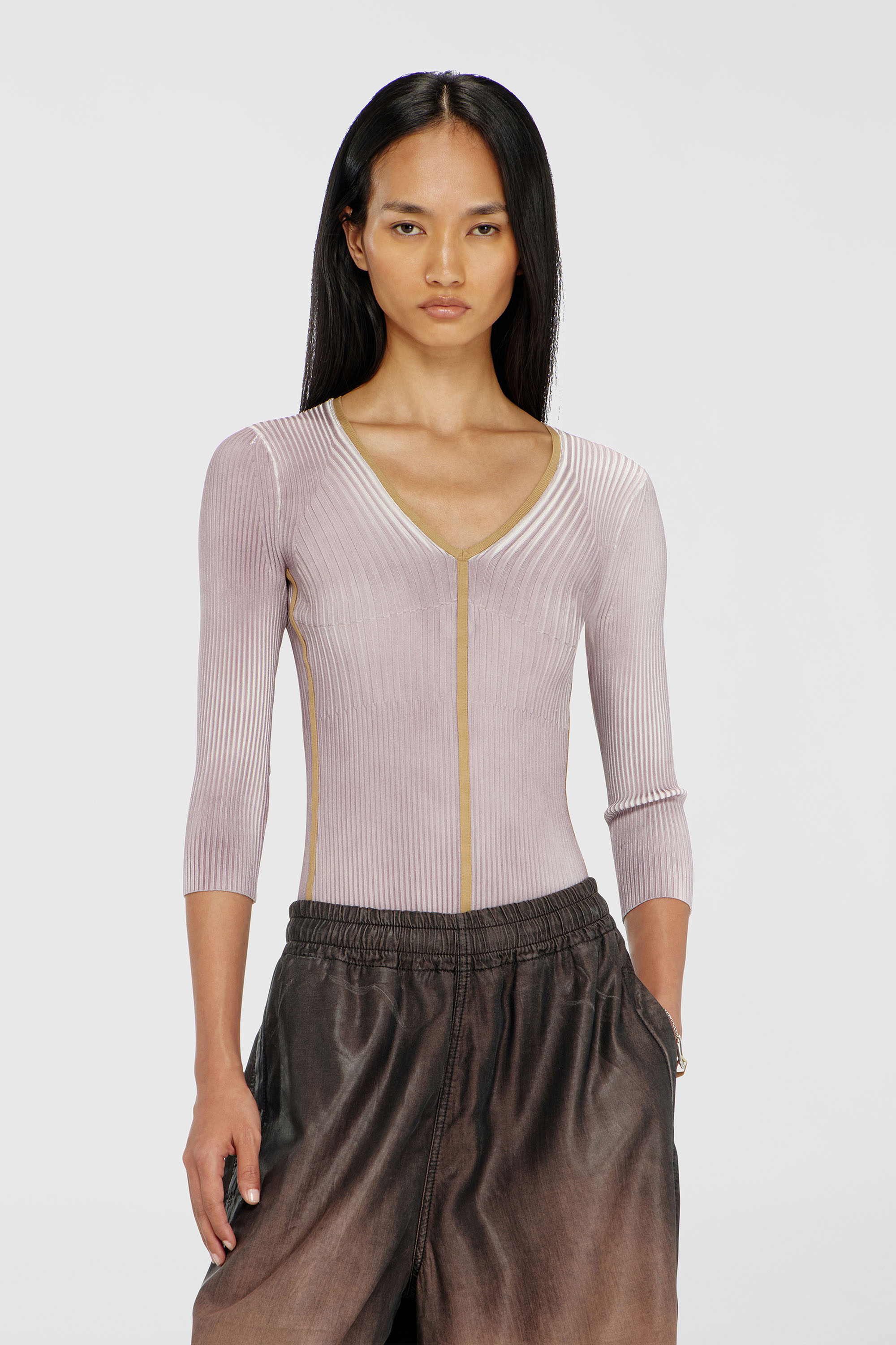 Diesel - M-SARMANI, Woman's Ribbed V-neck jumper with contrast bands in Lilac - 1