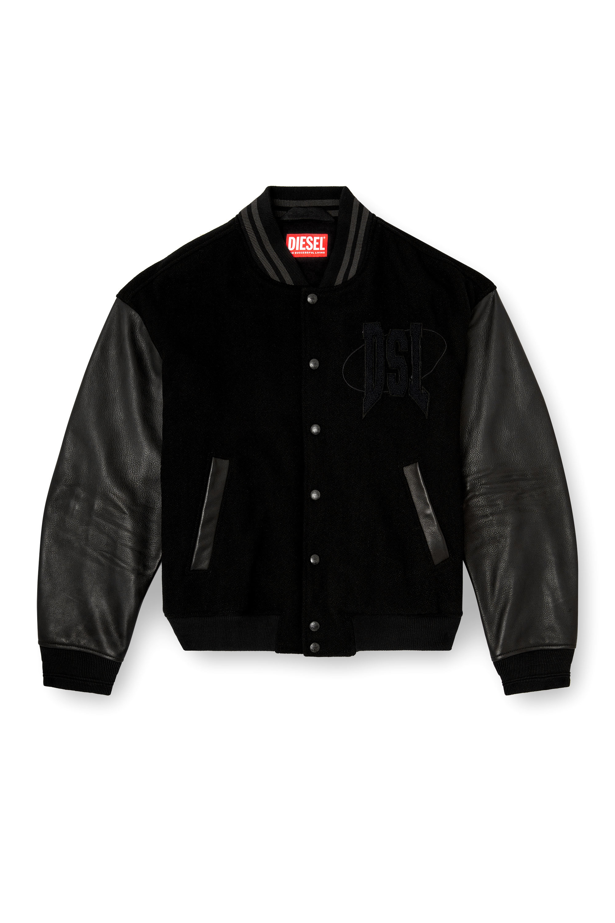 Diesel - L-NYMAN, Man's Varsity bomber jacket in cotton and leather in Black - 2