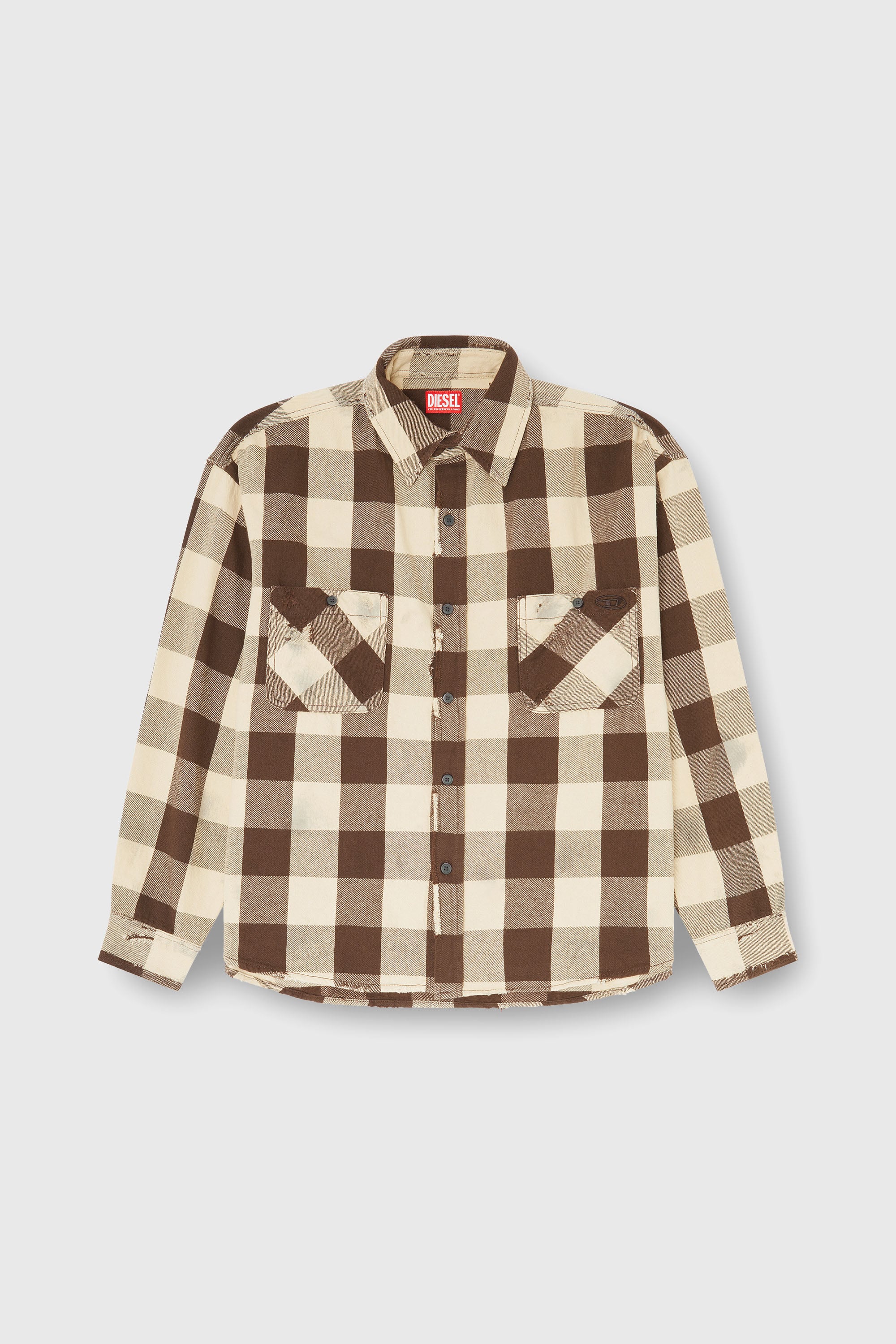 Diesel - S-DRUM, Man's Check flannel shirt with distressed effect in Beige/Brown - 1
