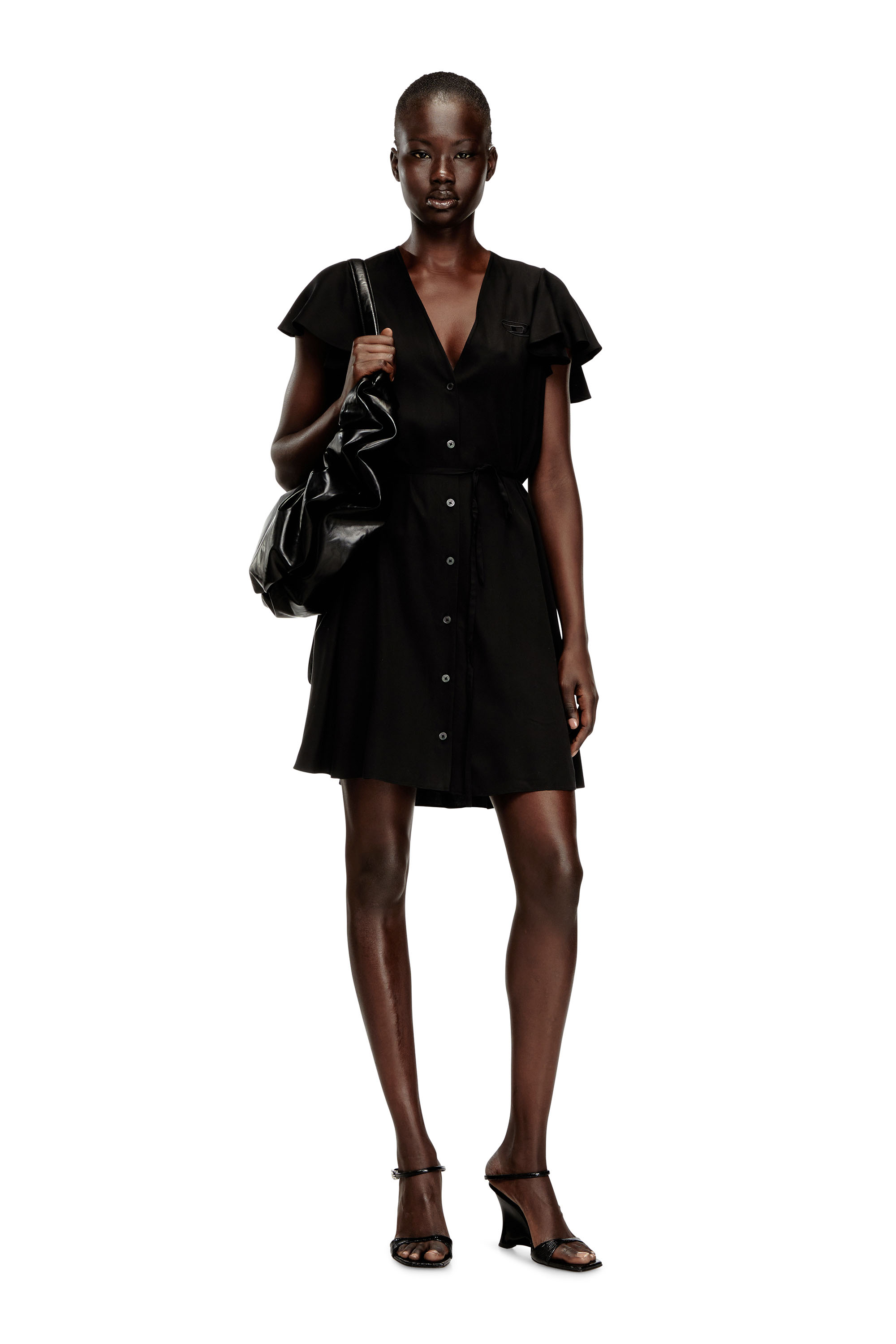 Diesel - D-AIKIRI, Woman's Cupro dress with V-neck and front buttons in Black - 2