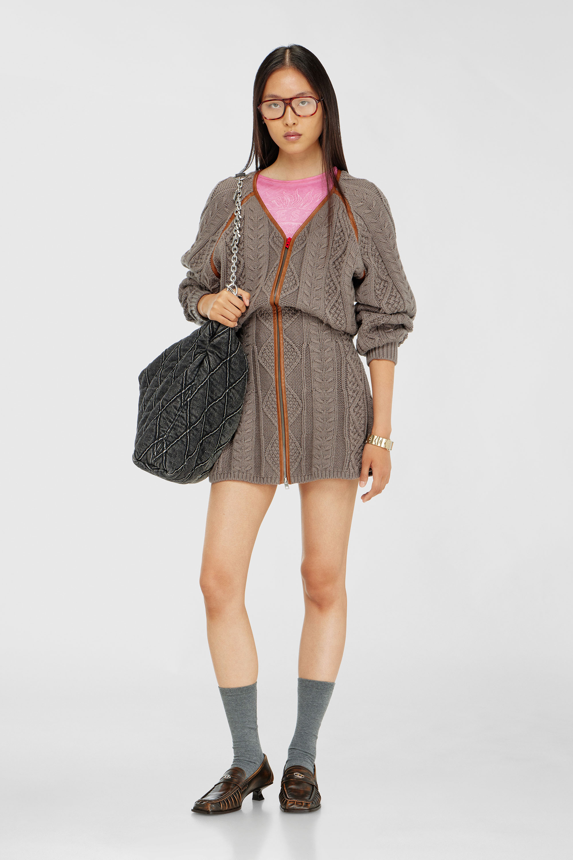 Diesel - M-INTESSE, Woman's Mini cardigan dress in cable knit in Grey - 2