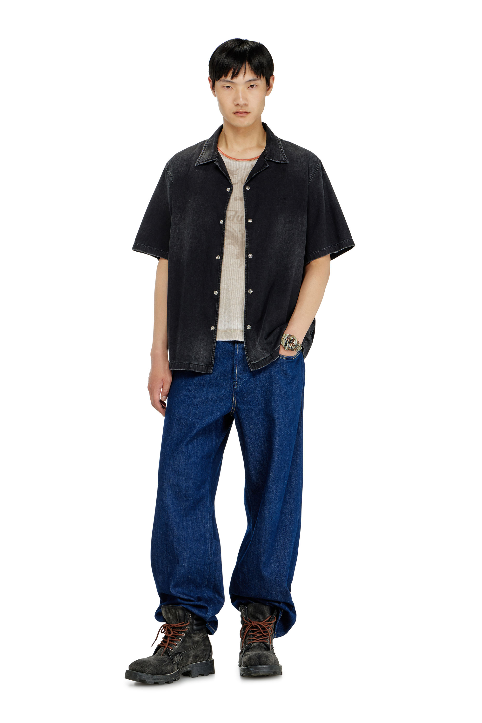 Diesel - D-NABIL-D, Man's Denim short-sleeve shirt in Black - 1