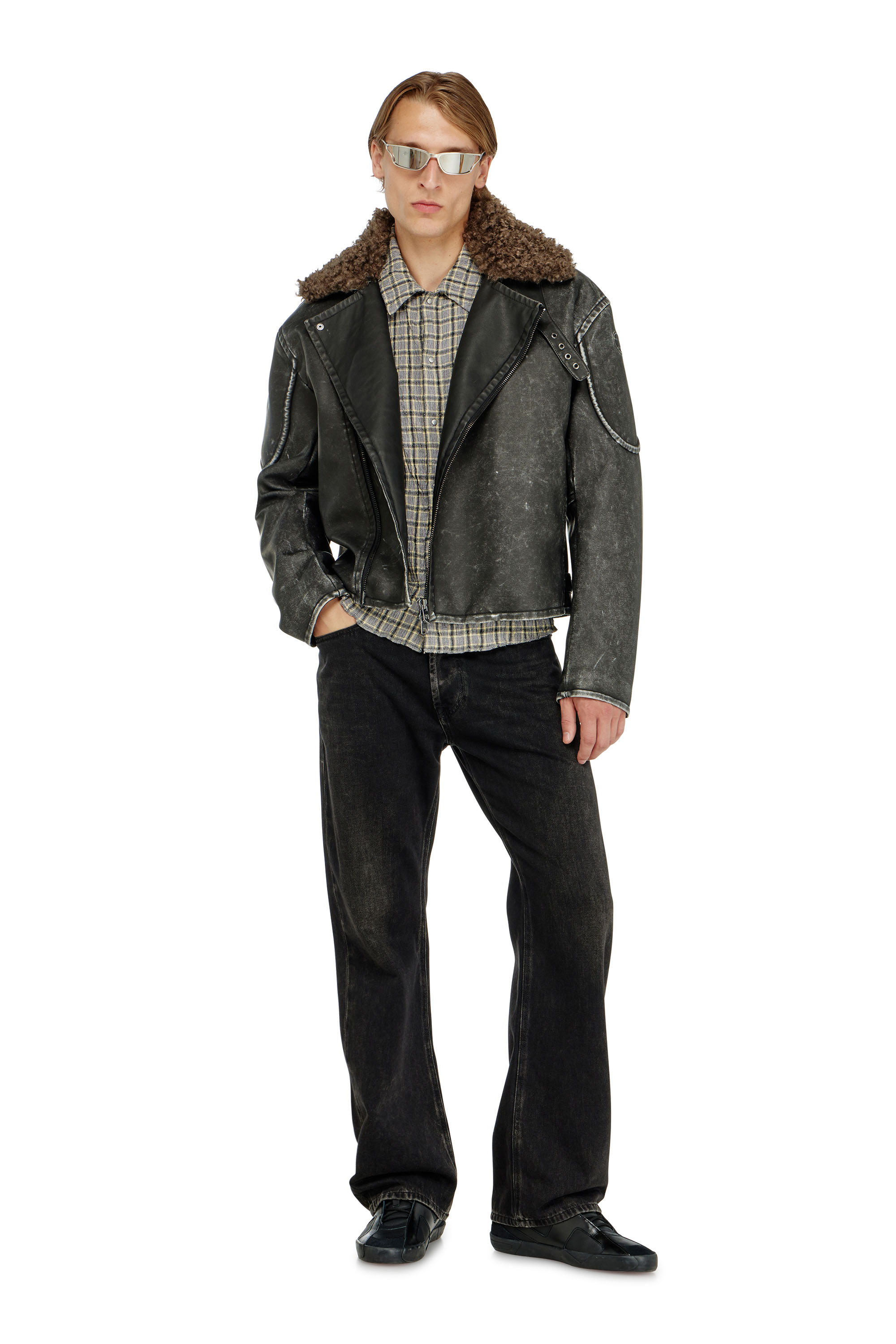 Diesel - W-ALEX, Man's Biker jacket with detachable collar in Dark grey - 1