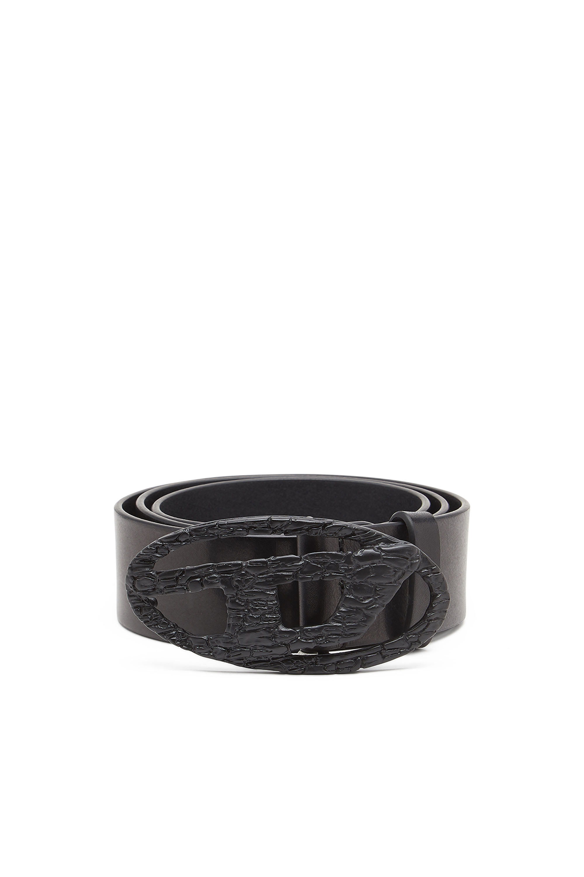 Diesel - B-1DR, Unisex's Smooth leather belt with cracked D buckle in Black - 1