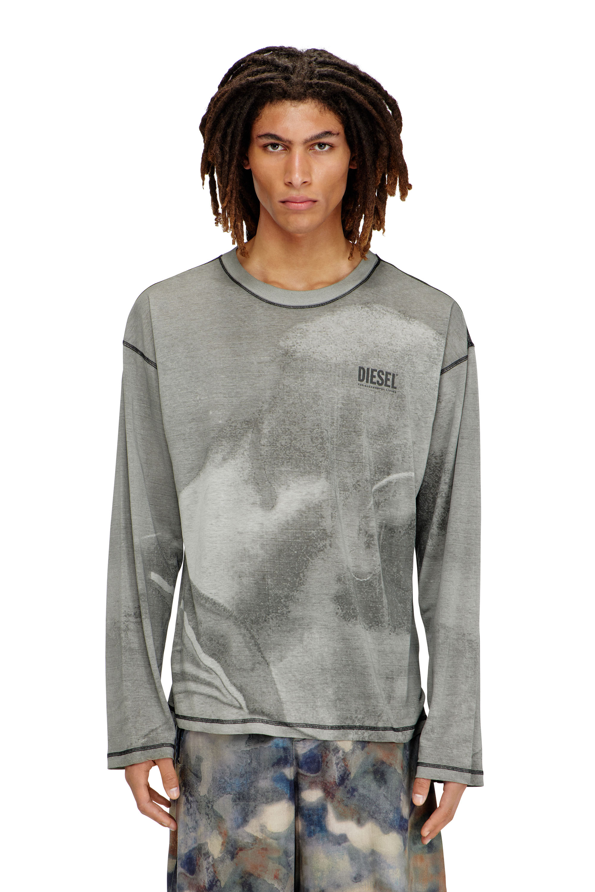 Diesel - T-BOXT-LS-NC-V1, Man's Long-sleeve T-shirt with trompe l'oeil print in Grey - 1