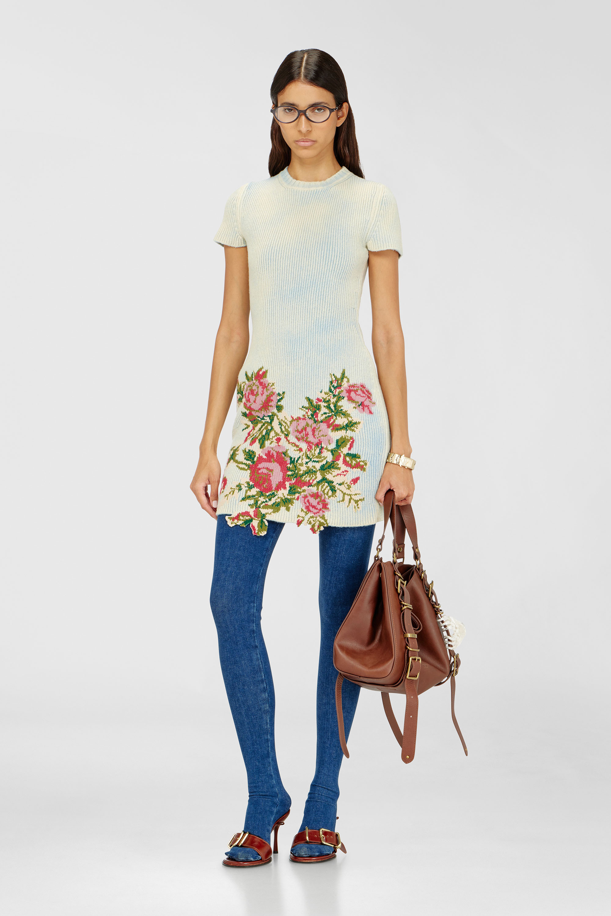 Diesel - M-RINNIE, Woman's Short dress in floral wool-blend knit in Pink/Blue - 2