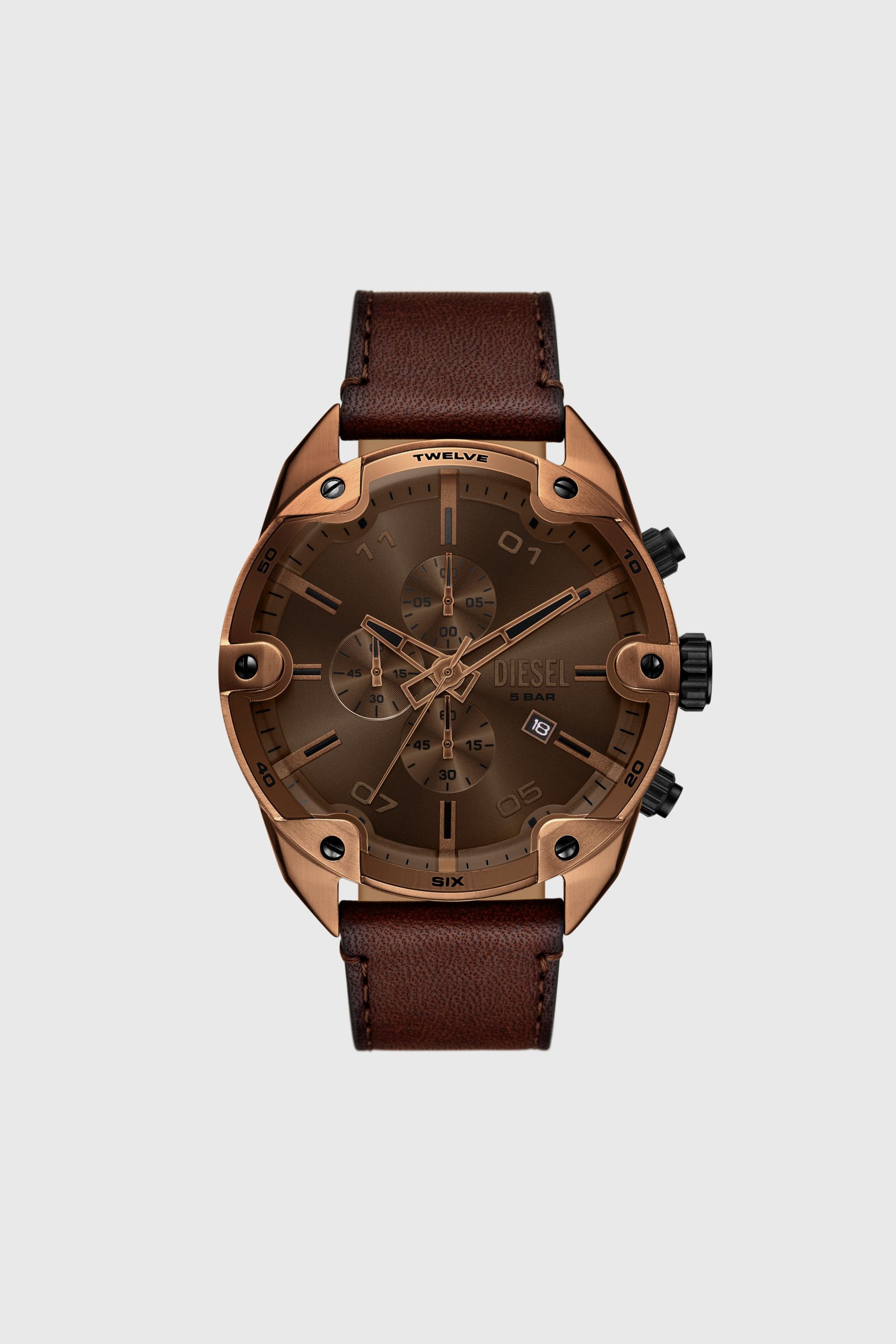 Diesel - DZ4698 WATCH, Man's Spiked brown leather watch in Brown - 1
