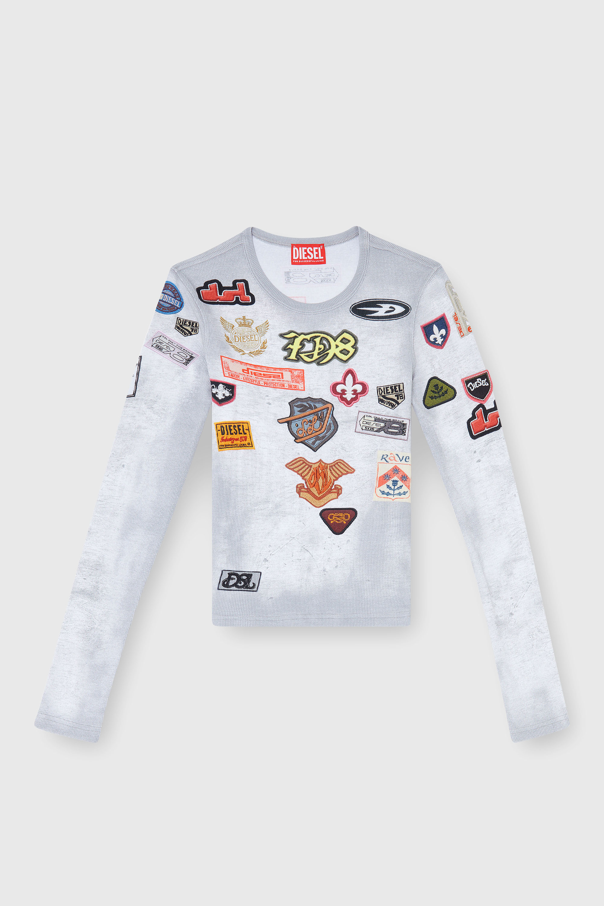 Diesel - T-ELE-LONGSLEEVE, Woman's Top in ribbed jersey with all-over patch print in White - 2