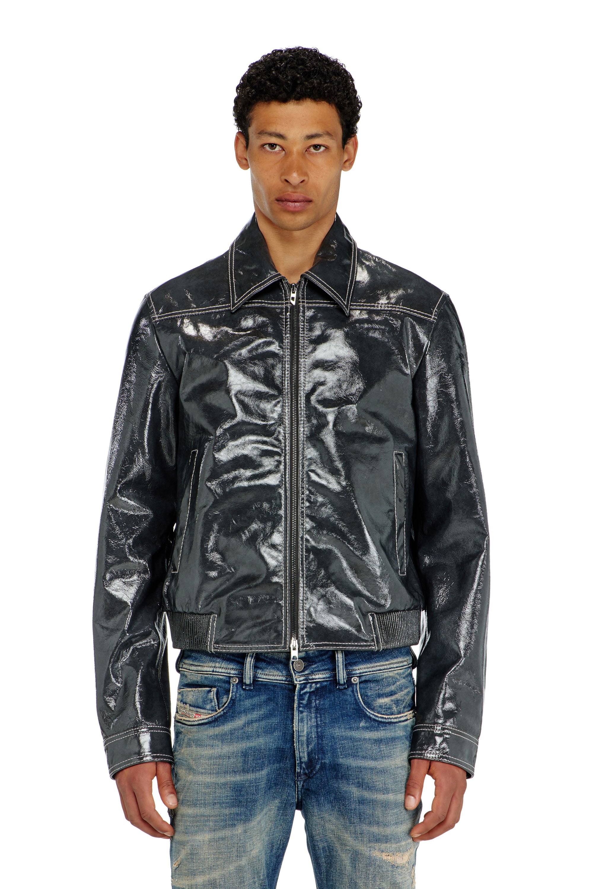 Diesel - L-ADDI, Man's Patent-leather jacket in Dark grey - 1