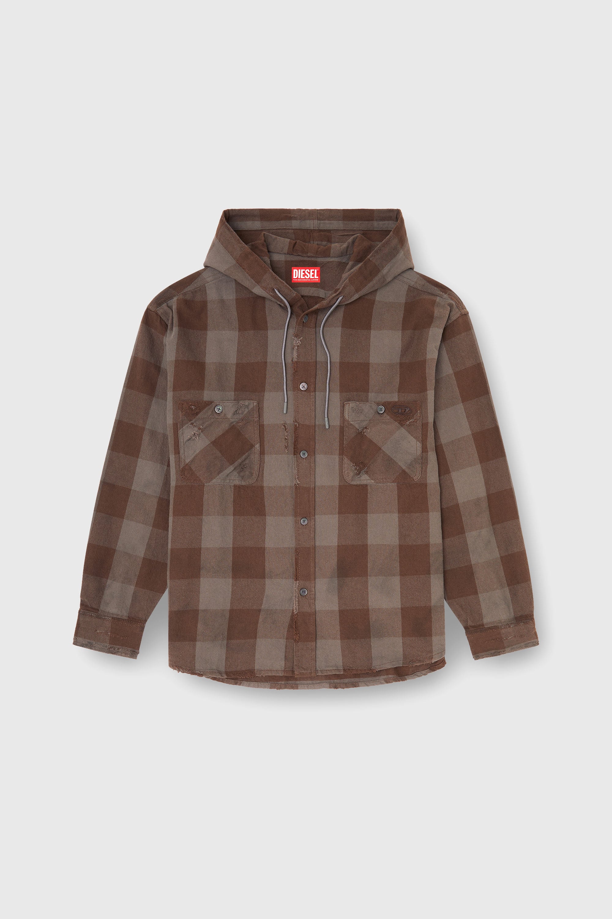 Diesel - S-DRUM-HOODY, Man's Distressed hooded shirt in check flannel in Brown - 1