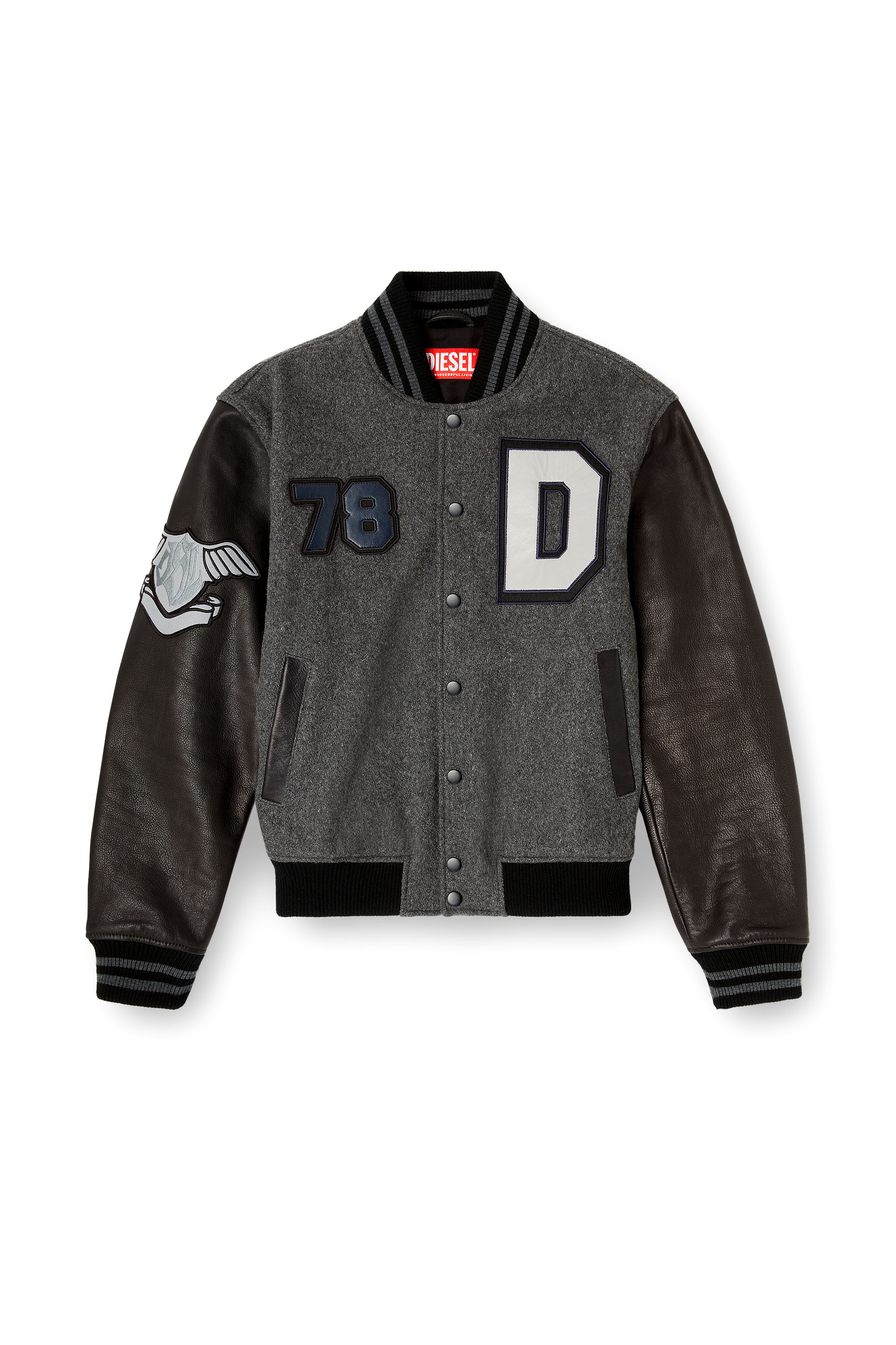 Diesel - L-ARRY-CP, Man's Cropped varsity jacket in wool and leather in Black/Grey - 3