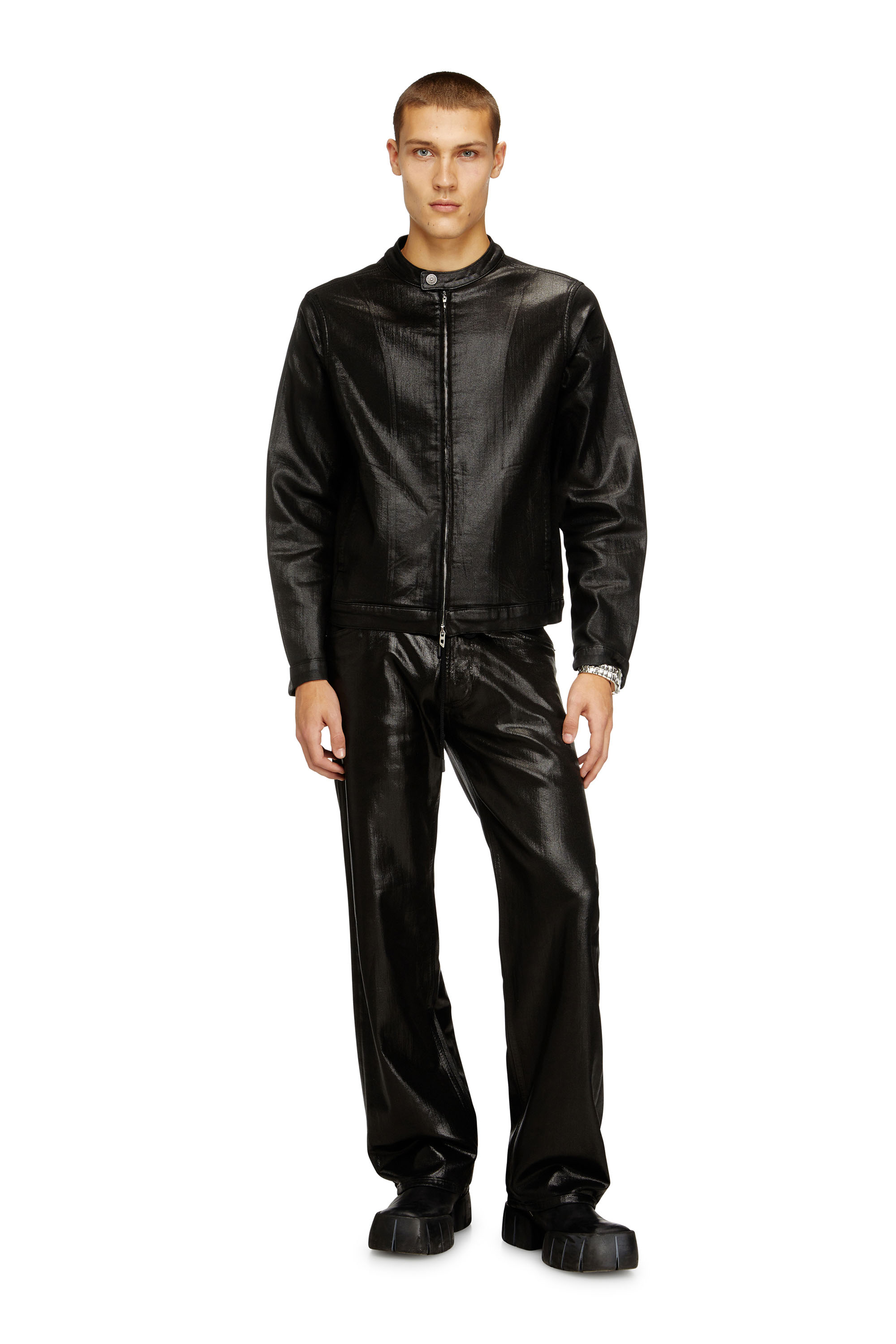 Diesel - D-GLORY JOGG, Man's Moto jacket in shiny coated JoggJeans in Black - 1