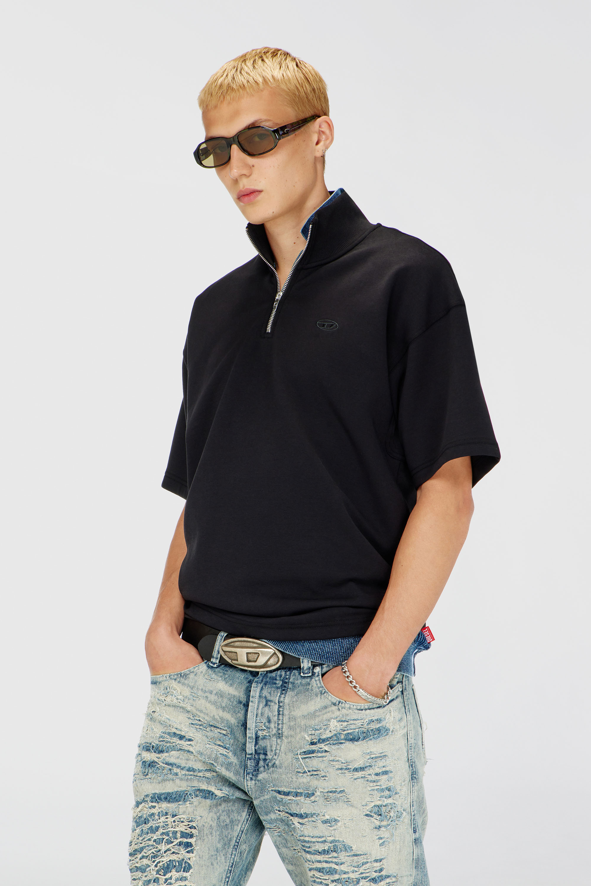 Diesel - S-CUBY, Man's Short-sleeve half-zip sweatshirt in light scuba in Black - 3