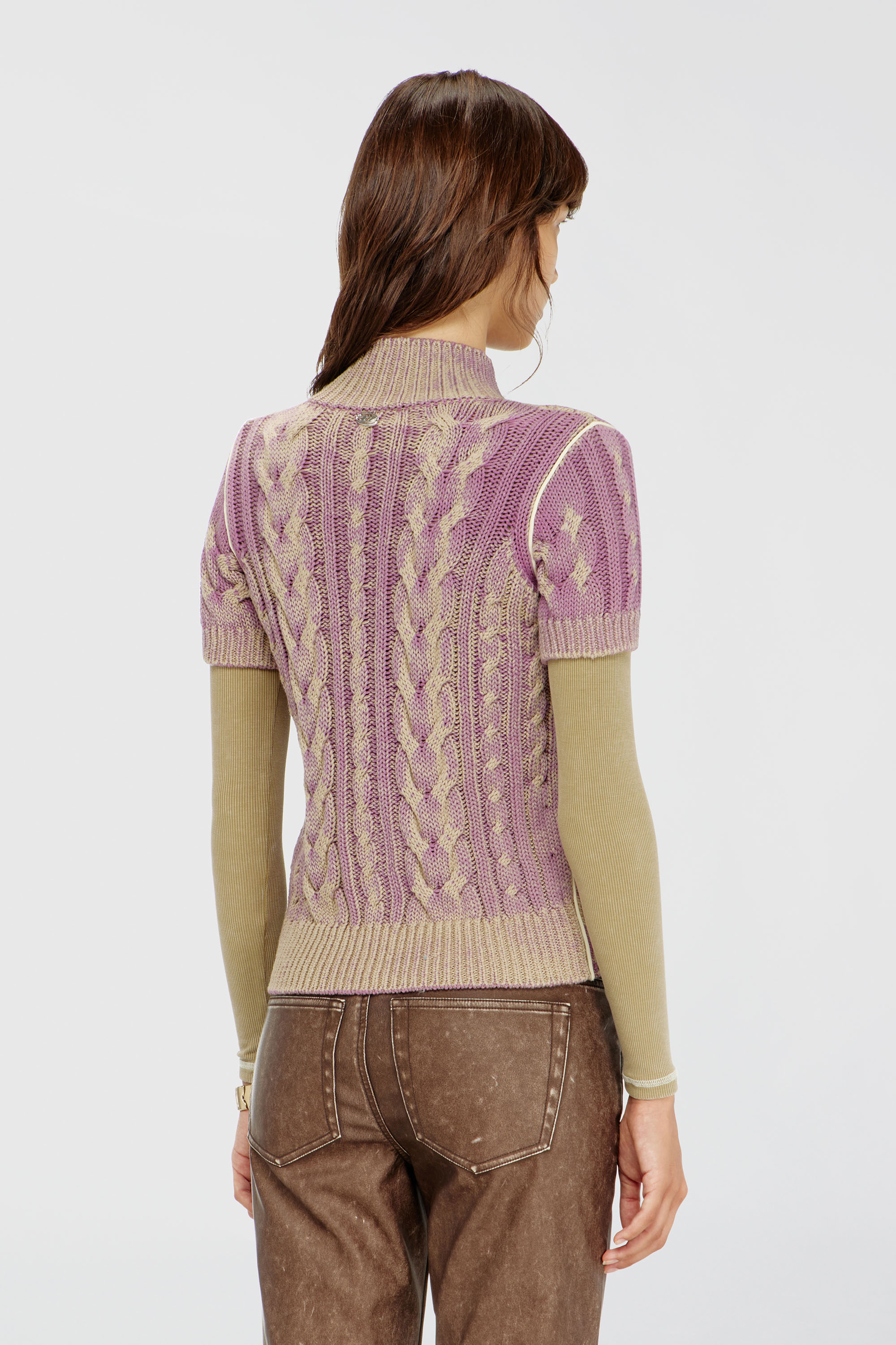 Diesel - M-ELANA, Woman's Short-sleeve zip cardigan in cable knit in Beige/Violet - 4