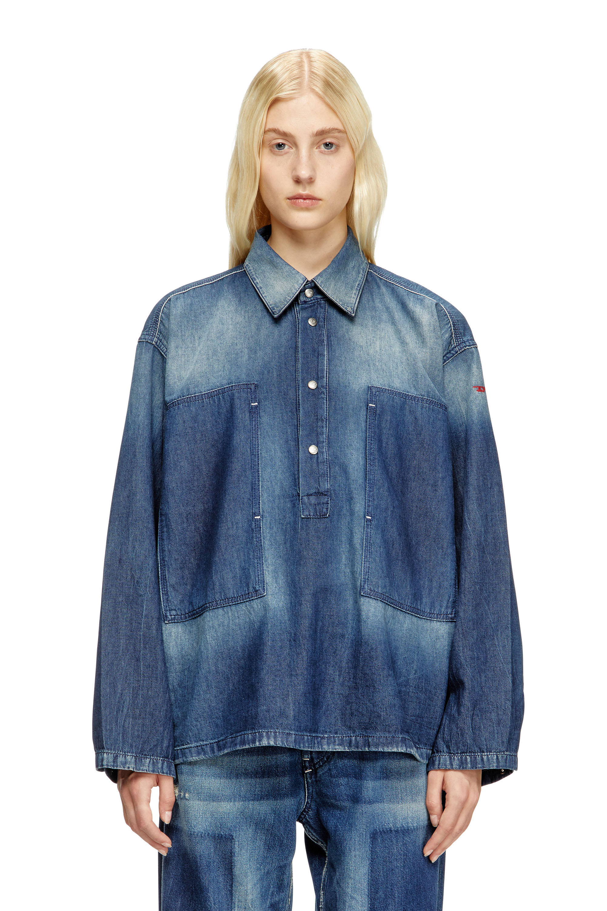 Diesel - DE-PRISS, Woman's Henley top in contrast-effect denim in Medium blue - 3