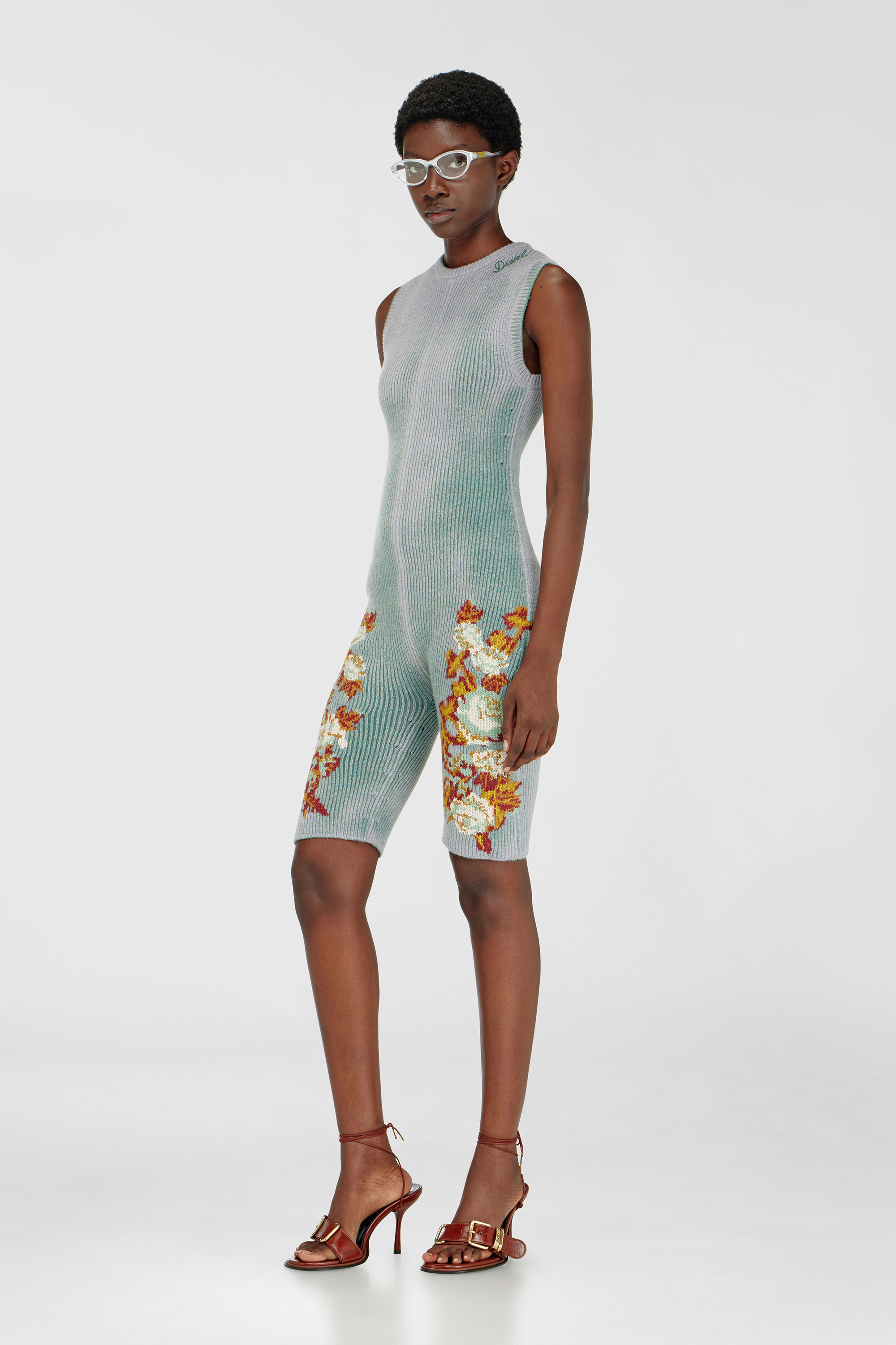 Diesel - M-RAREM, Woman's Knitted playsuit with floral motif in Blue/Green - 3